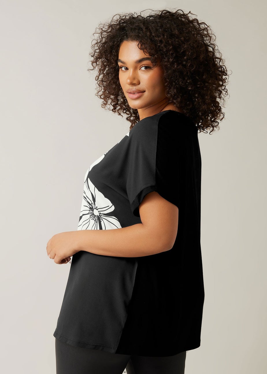 Evans Curve Black Contrast Floral Print T-Shirt