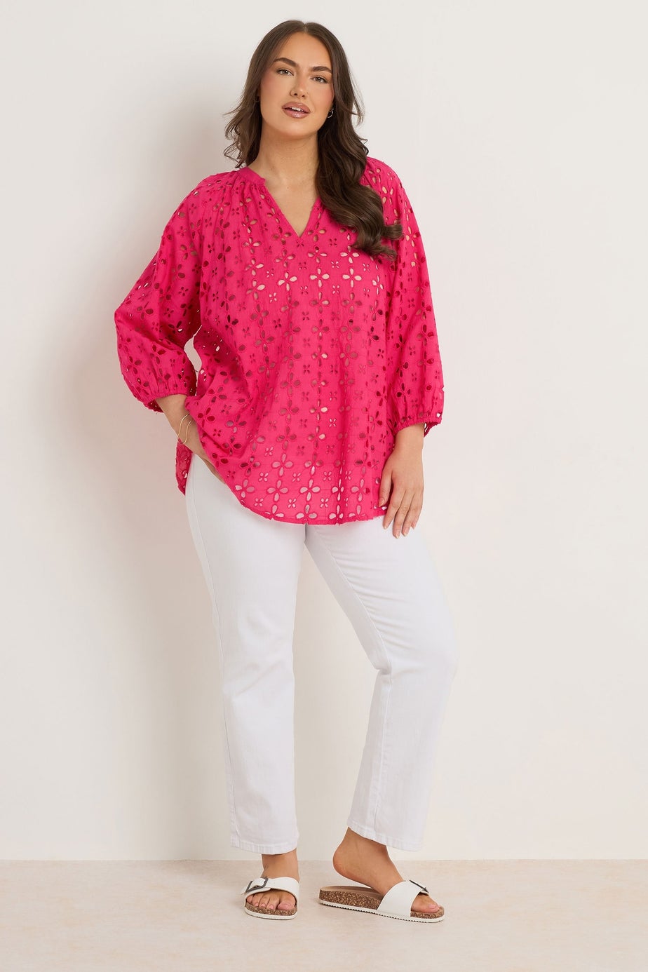 Evans Curve Pink Long Sleeve Broderie Blouse
