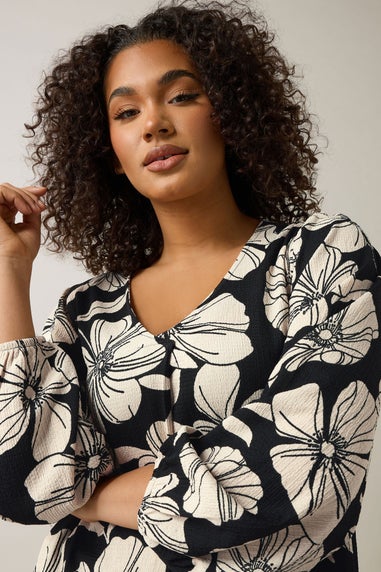 Evans Curve Black Contrast Floral Jersey Crepe Top