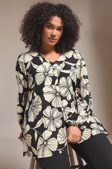 Evans Curve Black Contrast Floral Jersey Crepe Top