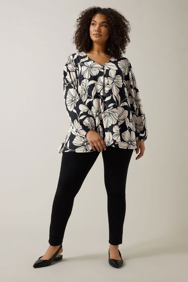 Evans Curve Black Contrast Floral Jersey Crepe Top