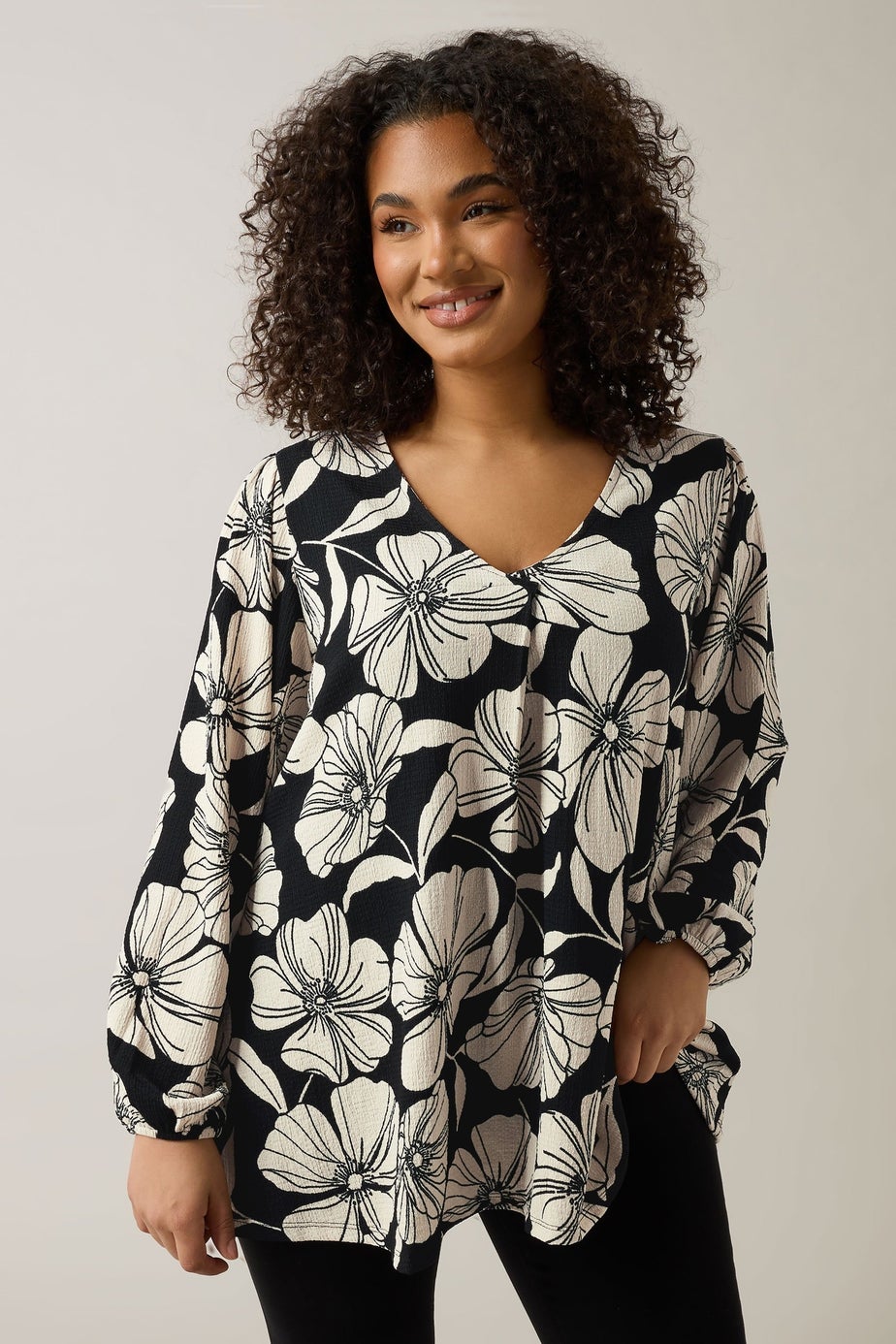 Evans Curve Black Contrast Floral Jersey Crepe Top