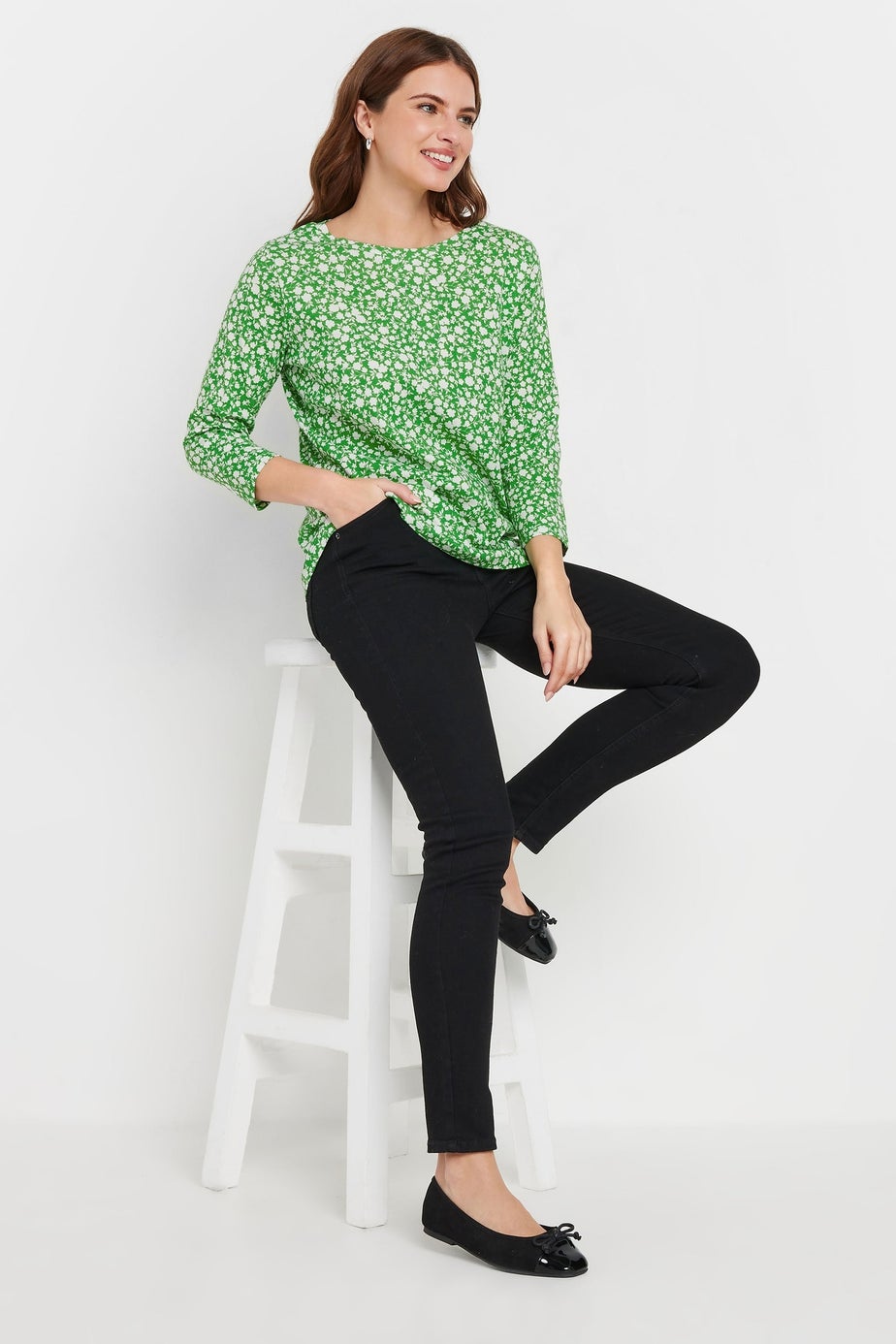 M&Co Green & White Cotton Ditsy Floral Top