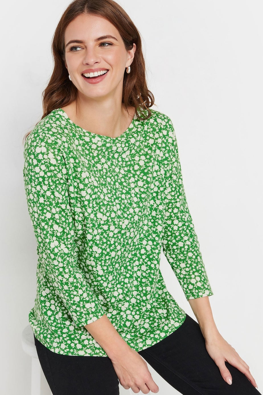 M&Co Green & White Cotton Ditsy Floral Top