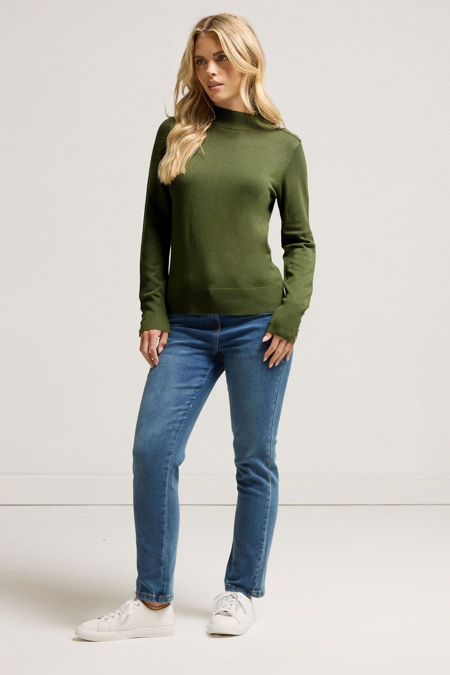M&Co Petite Fern Green Button Detail Turtle Neck Jumper