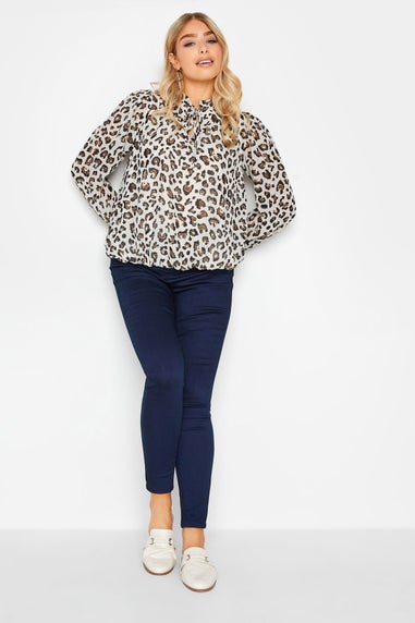 M&Co Natural Brown Leopard Print Tie Neck Blouse