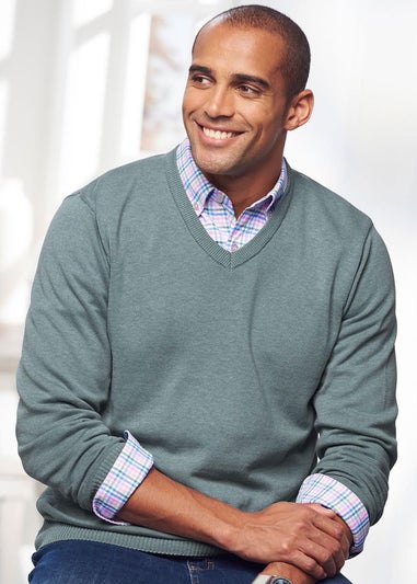 Cotton Traders Duck Egg Cotton V-Neck Jumper