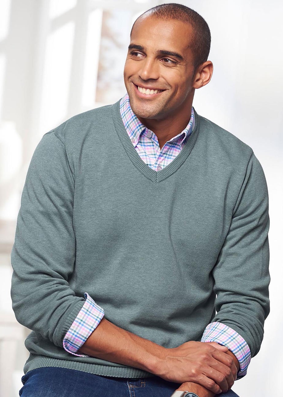 Cotton Traders Duck Egg Cotton V-Neck Jumper