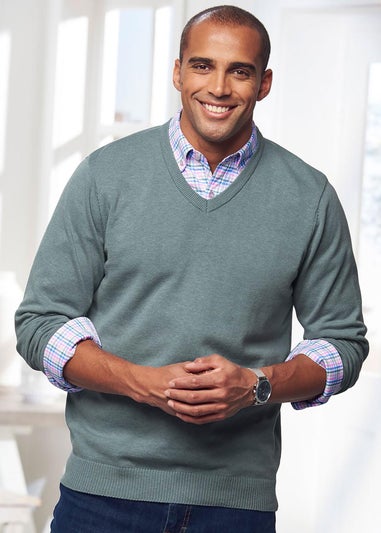 Cotton Traders Duck Egg Cotton V-Neck Jumper