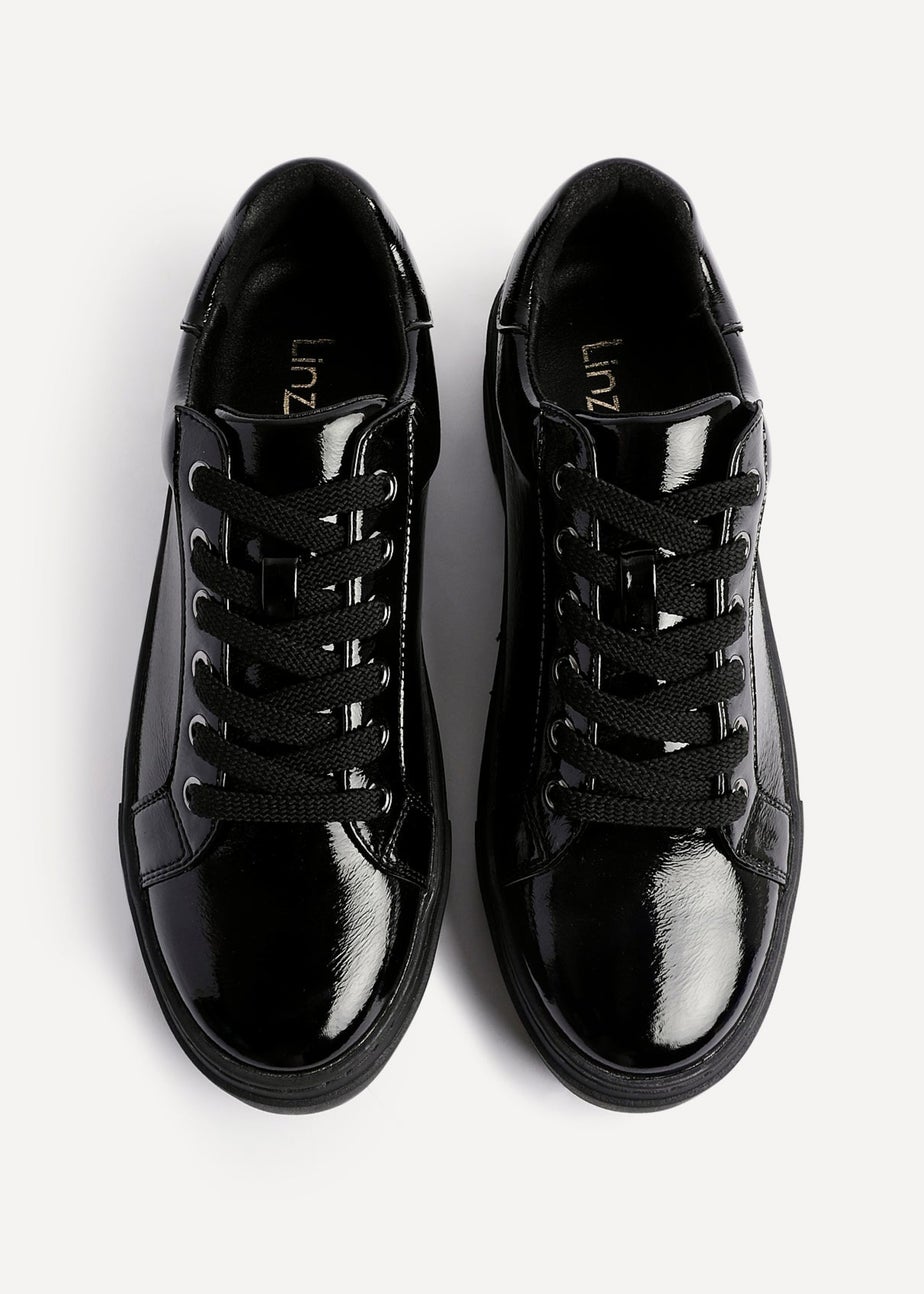 Linzi Reset Black Patent Lace Up Flatform Trainers