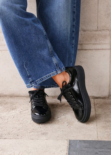 Linzi Reset Black Patent Lace Up Flatform Trainers