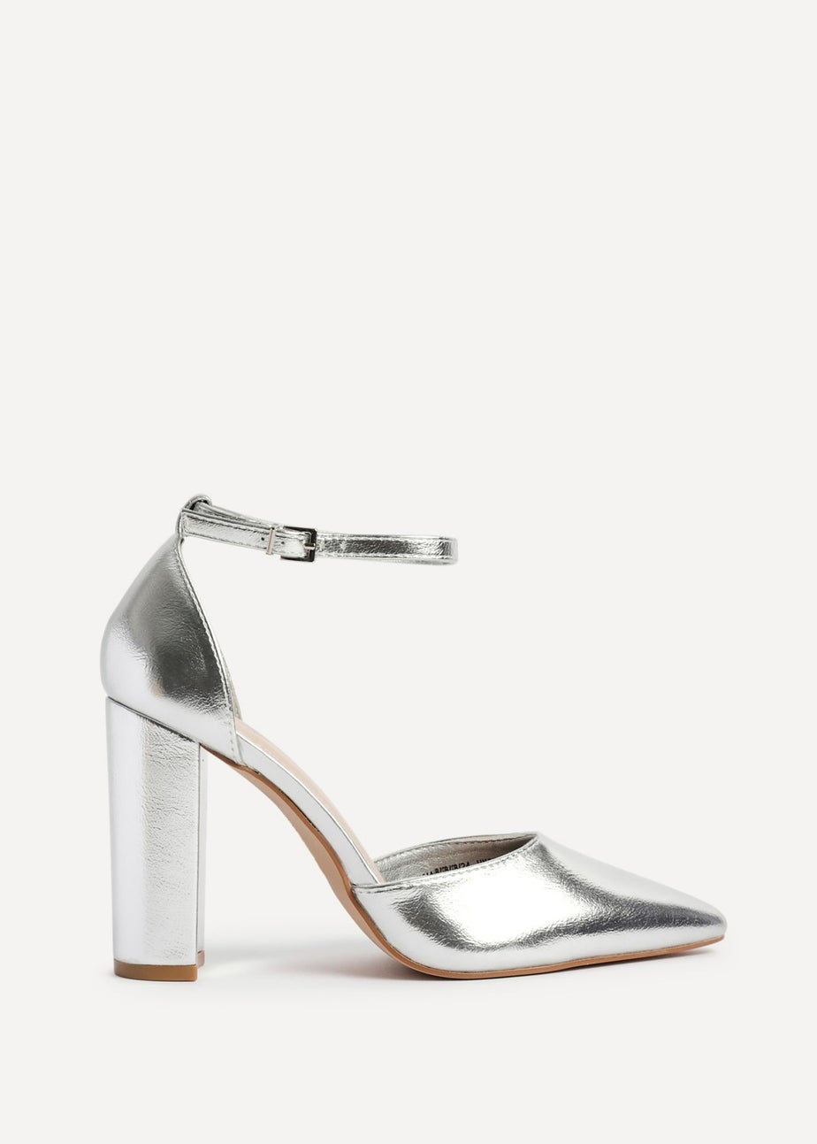 Linzi Mara Silver Faux Leather Block Heeled Court Shoe