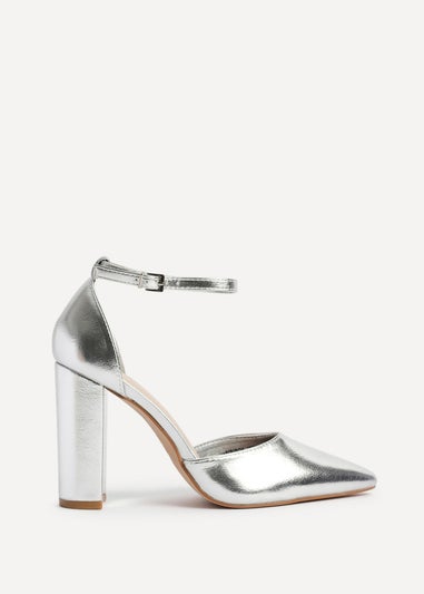 Linzi Mara Silver Faux Leather Block Heeled Court Shoe