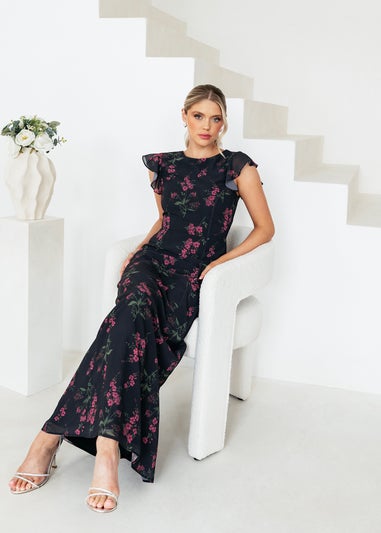 Anaya With Love Black Floral Flutter Sleeve Maxi Dress