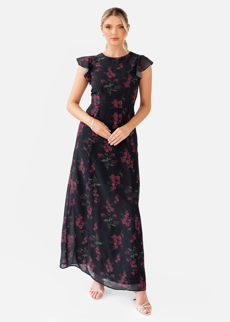 Anaya With Love Black Floral Flutter Sleeve Maxi Dress