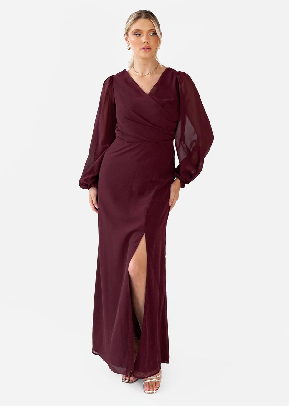 Anaya With Love Maroon Faux Wrap Blouson Sleeve Maxi Dress