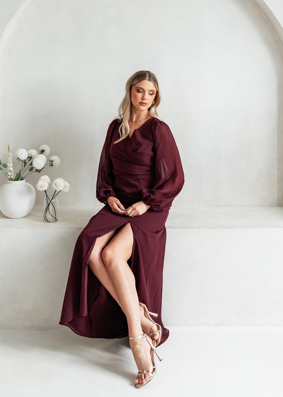 Anaya With Love Maroon Faux Wrap Blouson Sleeve Maxi Dress