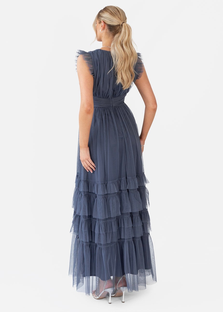Anaya With Love Vintage Indigo Flutter Sleeve Ruffle Maxi Dress