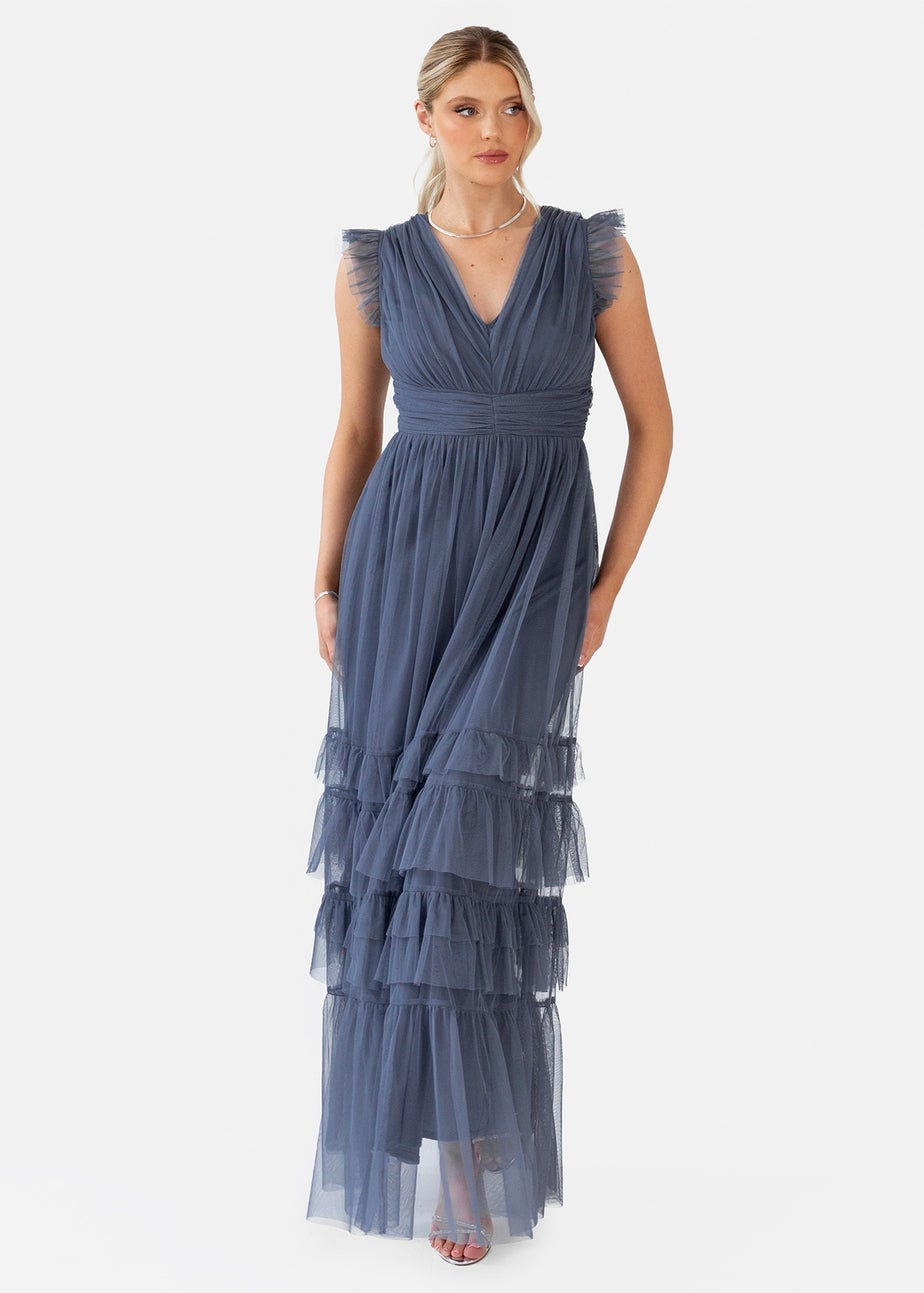 Anaya With Love Vintage Indigo Flutter Sleeve Ruffle Maxi Dress