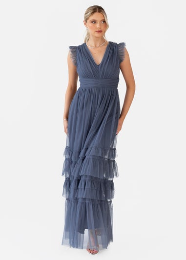 Anaya With Love Vintage Indigo Flutter Sleeve Ruffle Maxi Dress