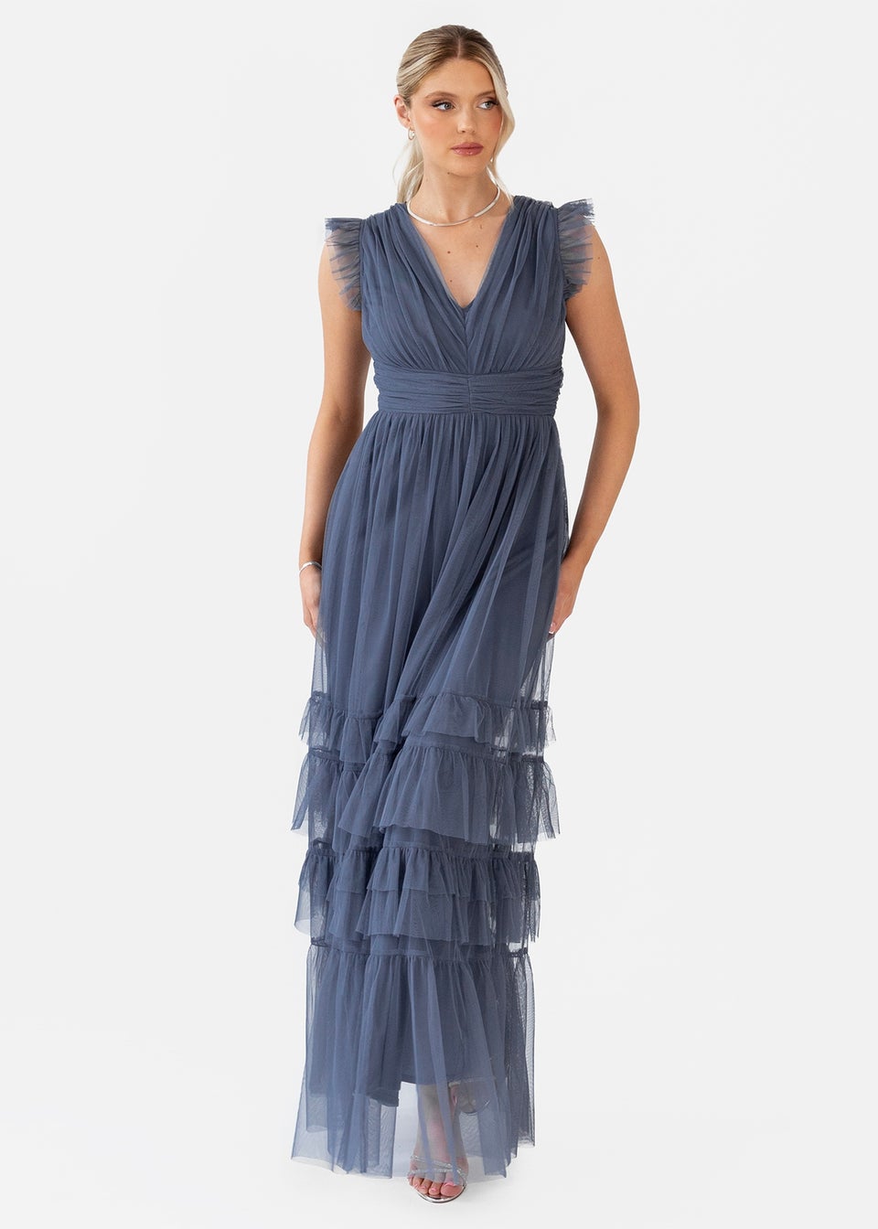 Anaya With Love Vintage Indigo Flutter Sleeve Ruffle Maxi Dress