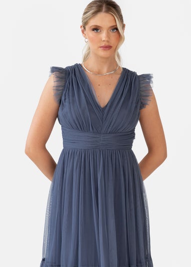 Anaya With Love Vintage Indigo Flutter Sleeve Ruffle Maxi Dress