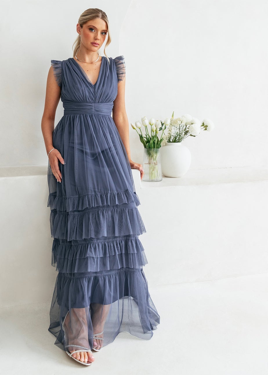 Anaya With Love Vintage Indigo Flutter Sleeve Ruffle Maxi Dress