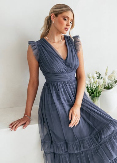 Anaya With Love Vintage Indigo Flutter Sleeve Ruffle Maxi Dress