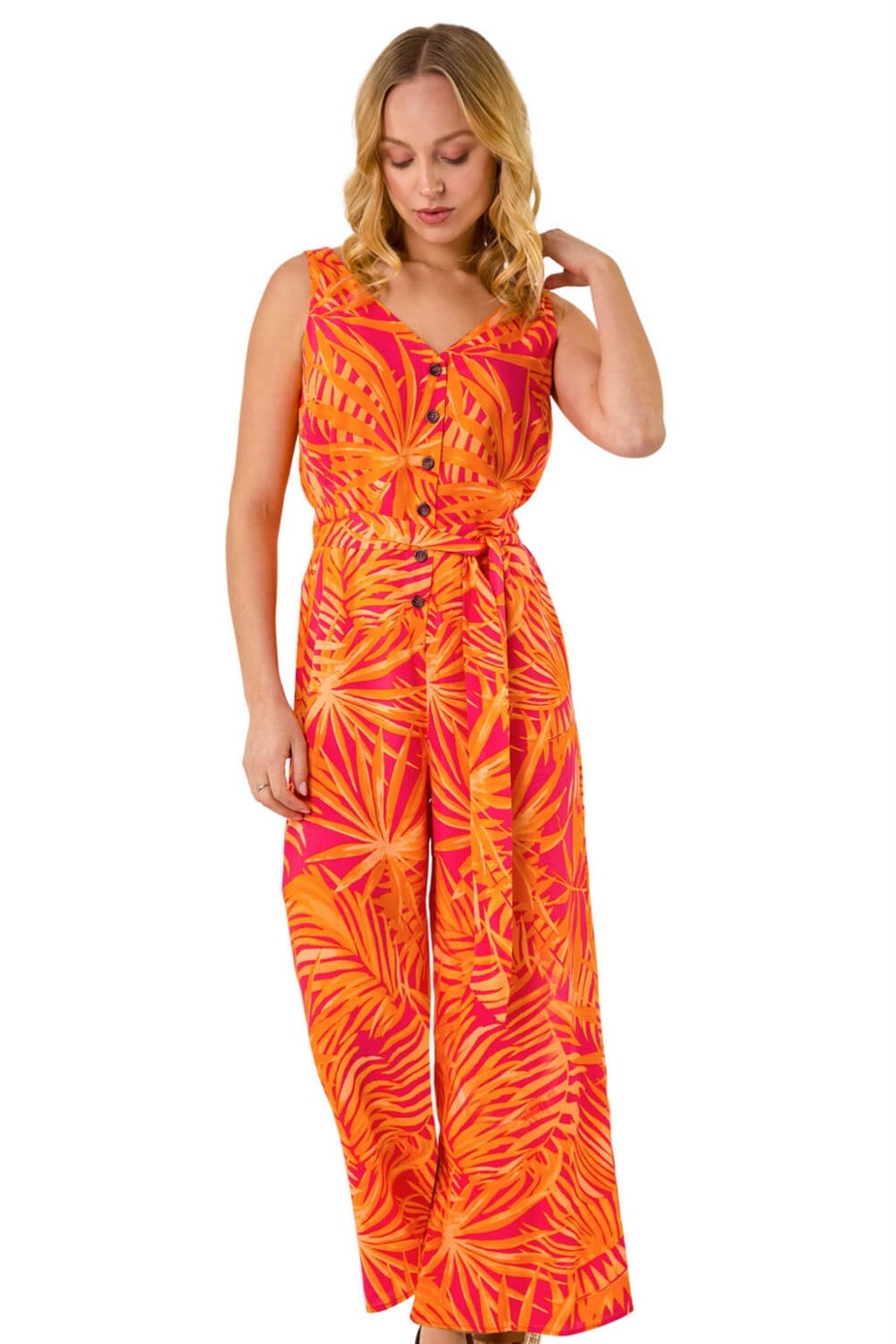 Dusk Orange Palm Print Belted Jumpsuit