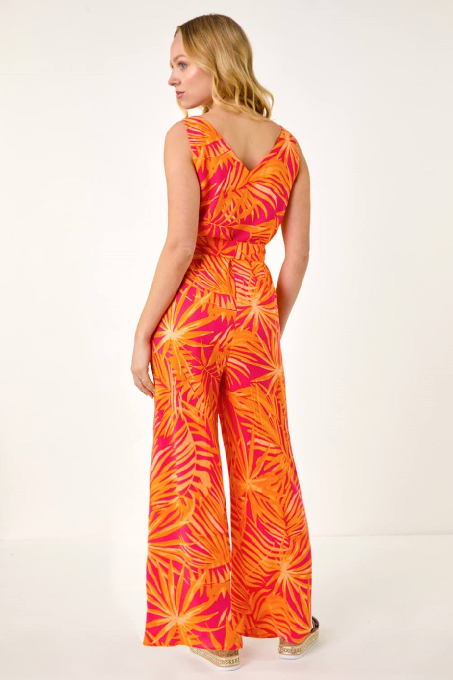 Dusk Orange Palm Print Belted Jumpsuit