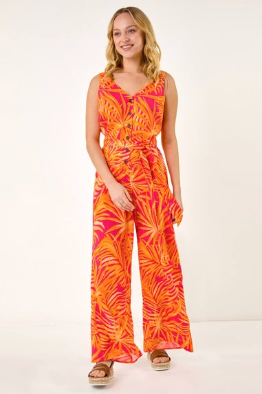 Dusk Orange Palm Print Belted Jumpsuit