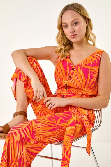 Dusk Orange Palm Print Belted Jumpsuit