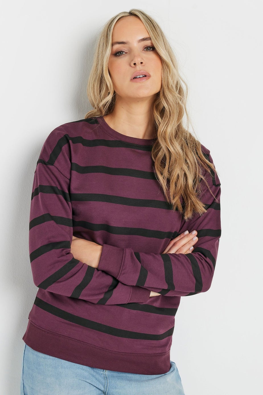 Long Tall Sally Burgundy Red Stripe Print Crew Neck Sweatshirt