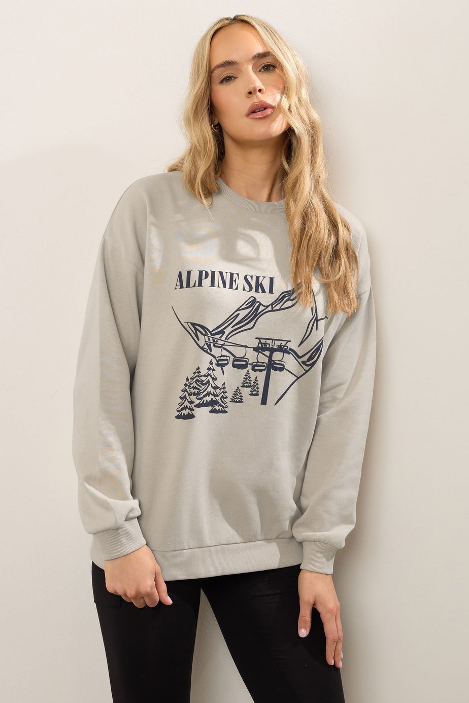 Long Tall Sally Stone Brown 'Alpine Ski' Slogan Sweatshirt