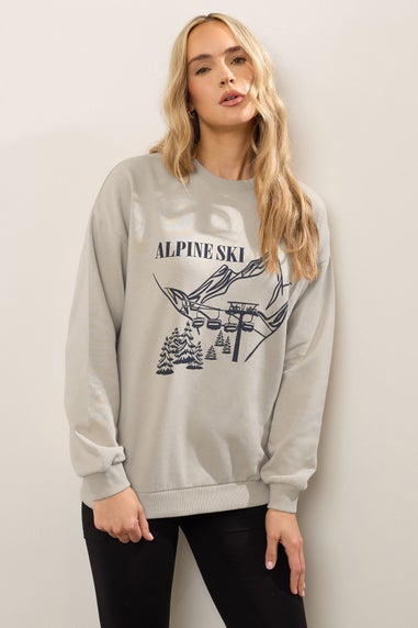 Long Tall Sally Stone Brown 'Alpine Ski' Slogan Sweatshirt