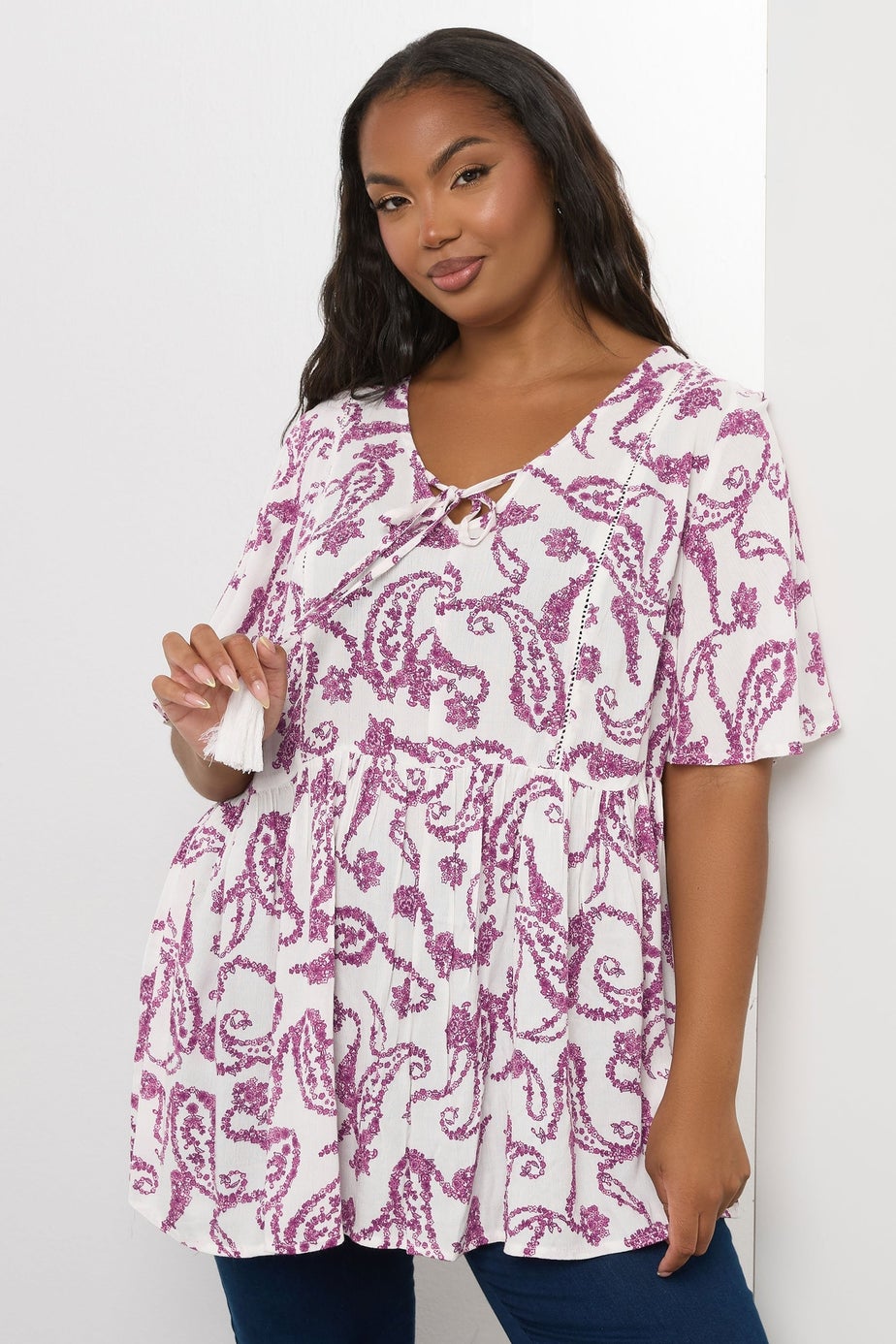 Yours Curve White Paisley Print Tie Front Top