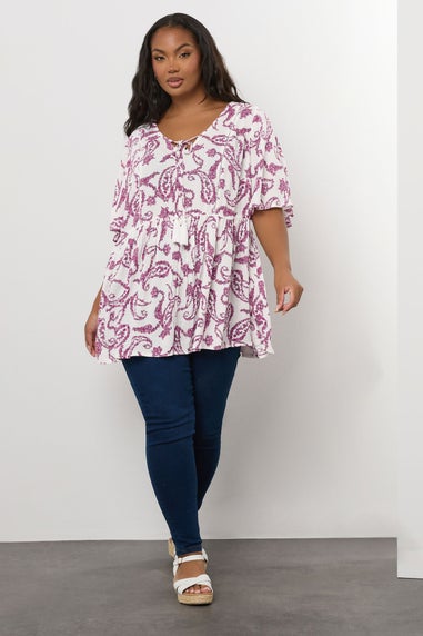Yours Curve White Paisley Print Tie Front Top