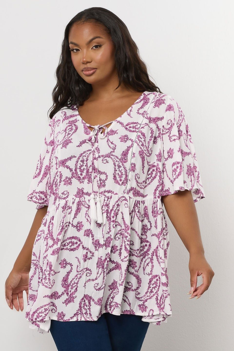 Yours Curve White Paisley Print Tie Front Top