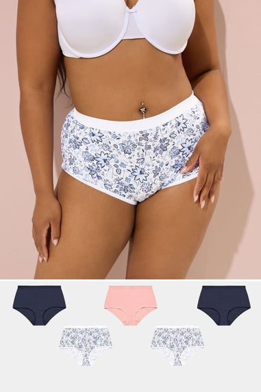 Yours 5 Pack Curve Navy Blue Floral Print Full Briefs