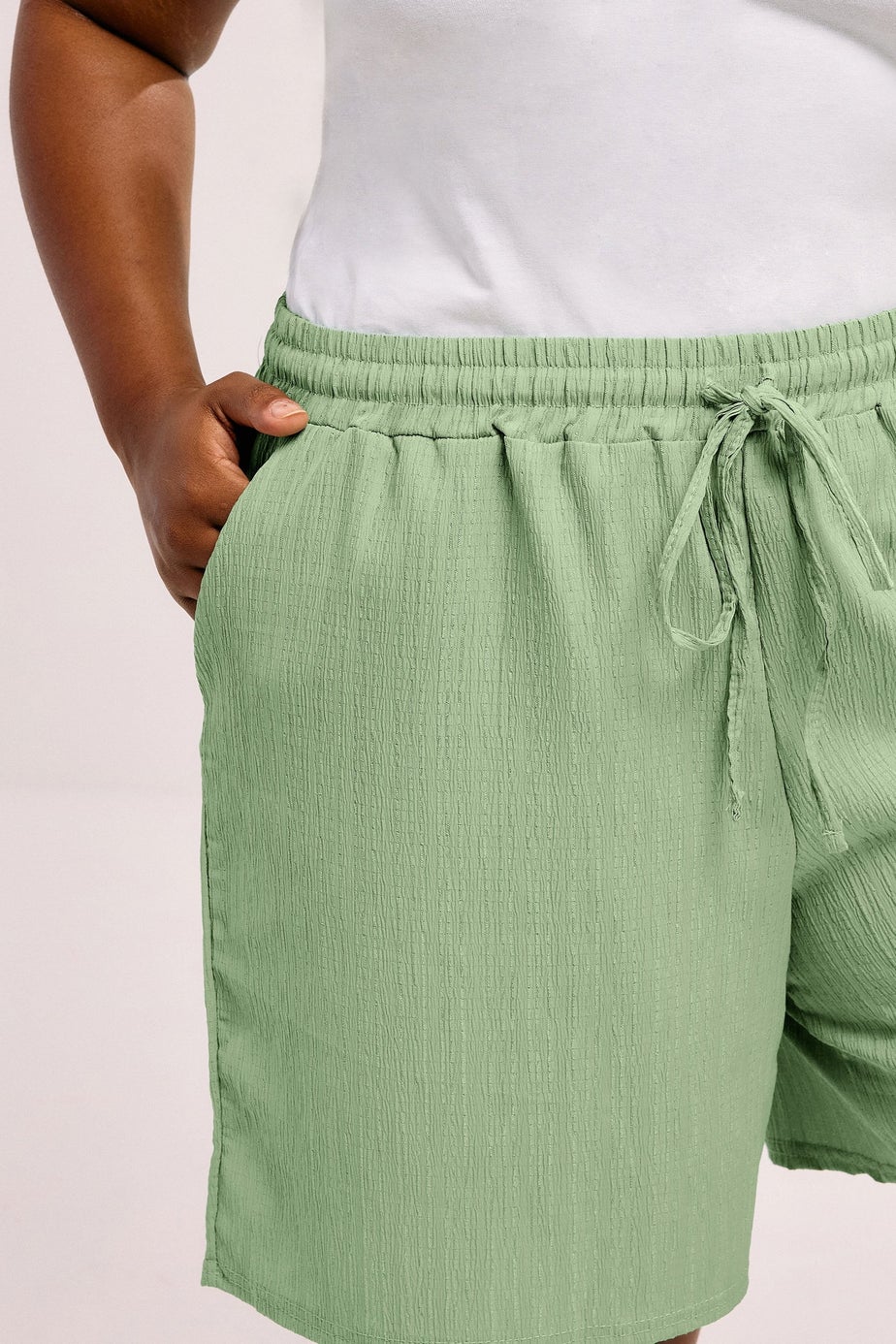 Yours Curve Sage Green Crinkle Tie Waist Shorts