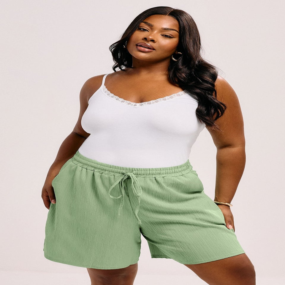 Yours Curve Sage Green Crinkle Tie Waist Shorts