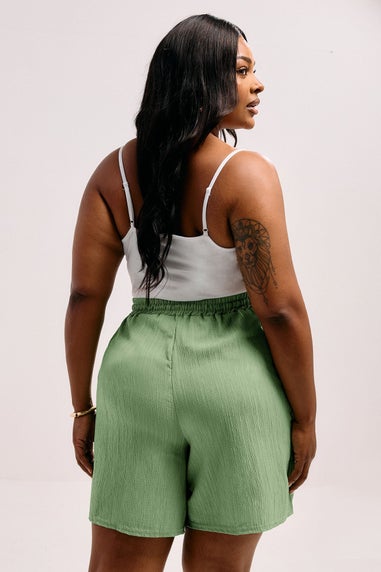 Yours Curve Sage Green Crinkle Tie Waist Shorts