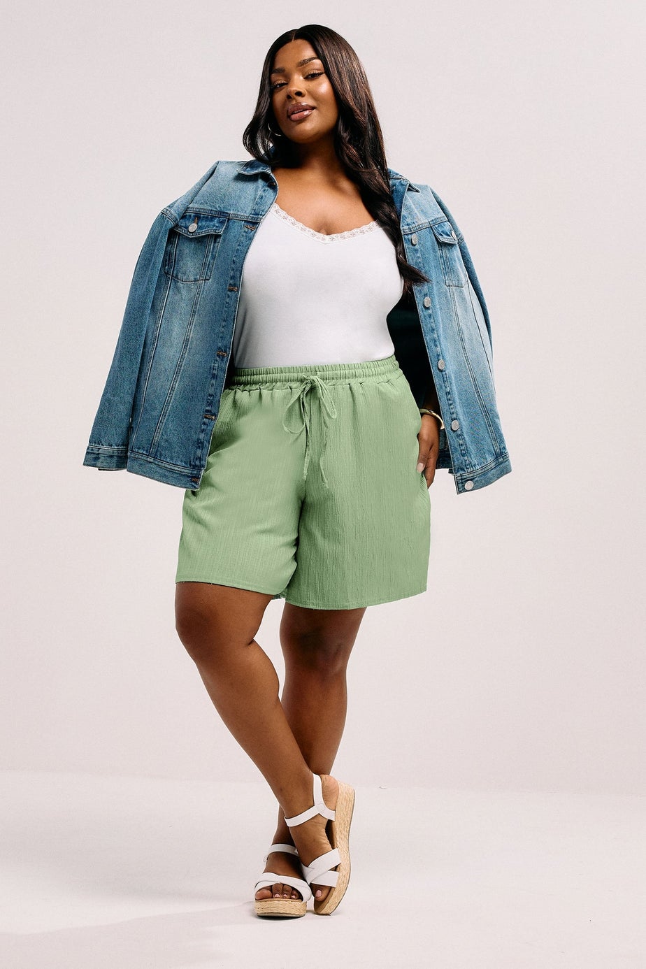 Yours Curve Sage Green Crinkle Tie Waist Shorts