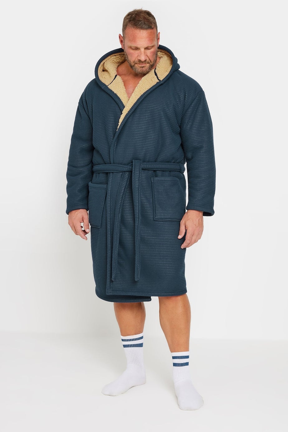 BadRhino Navy Blue Waffle Borg Lined Dressing Gown