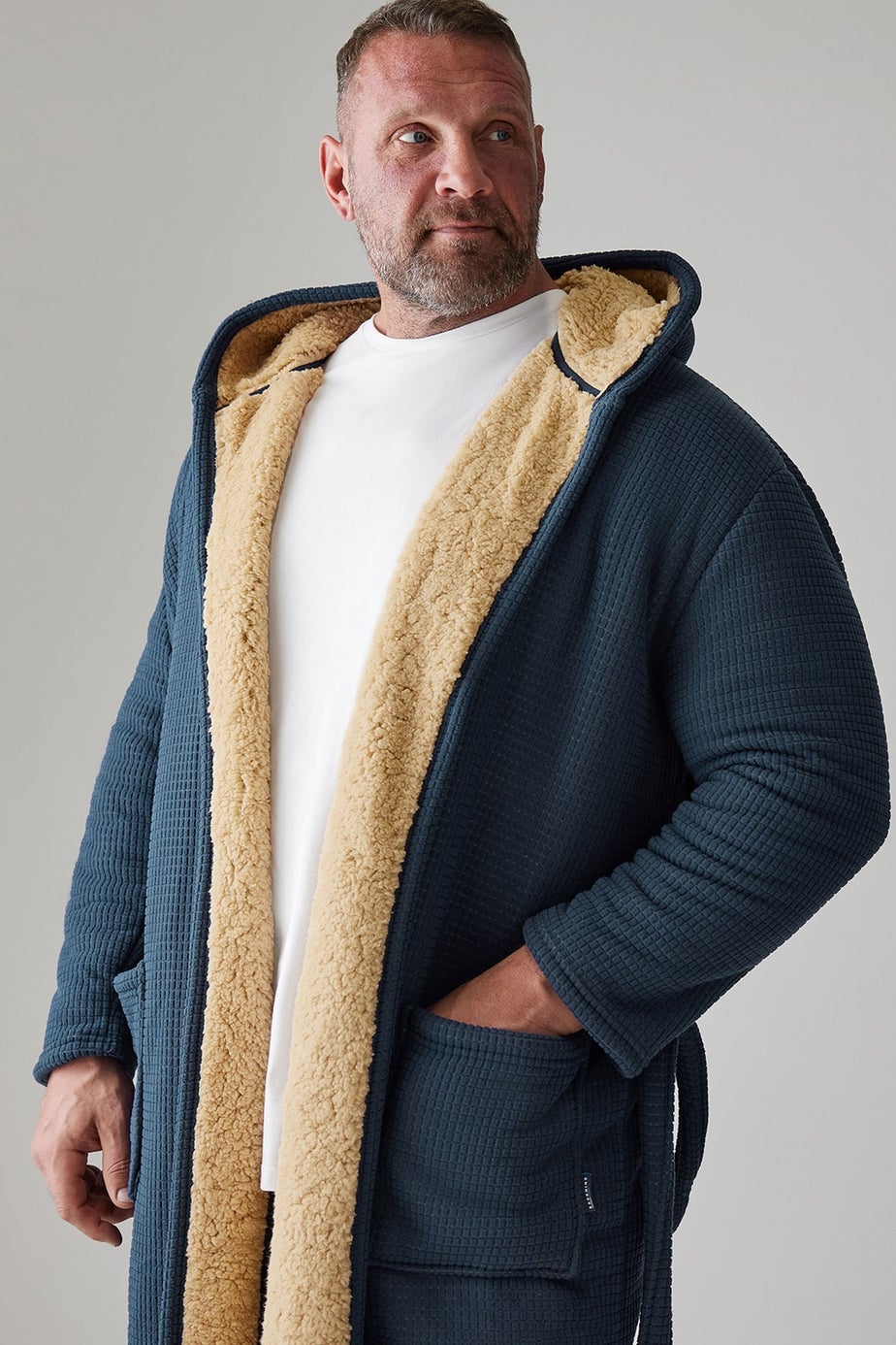 BadRhino Navy Blue Waffle Borg Lined Dressing Gown