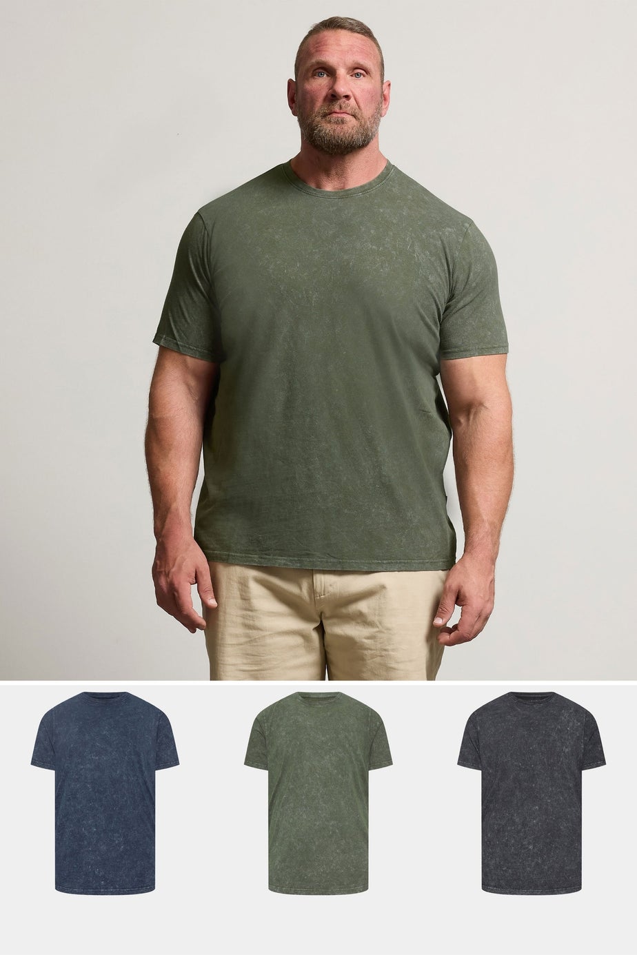 BadRhino 3 Pack Khaki & Navy Acid Wash T-Shirts