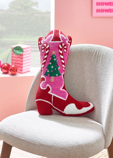 Catherine Lansfield Pink Santa's Howdy Christmas Boot Boucle 3D Shaped Cushion