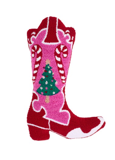 Catherine Lansfield Pink Santa's Howdy Christmas Boot Boucle 3D Shaped Cushion