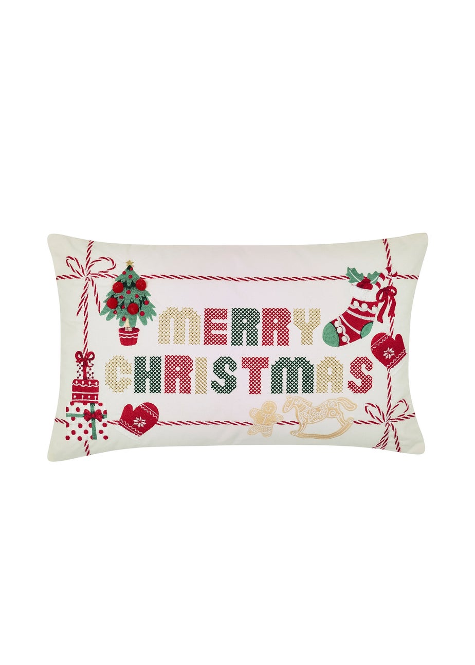 Catherine Lansfield Natural Merry Christmas Cross Stitch Cushion