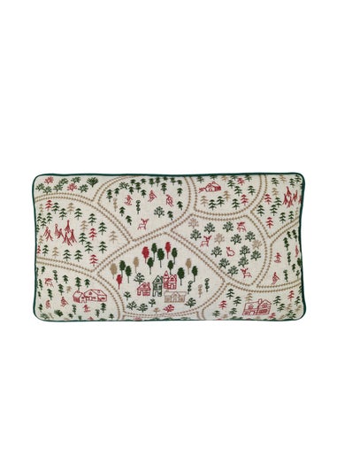 Catherine Lansfield Natural Christmas Ski Village Embroidered Cushion